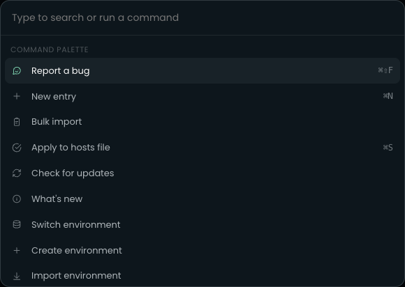 The ToggleHosts command palette, open on Report a bug