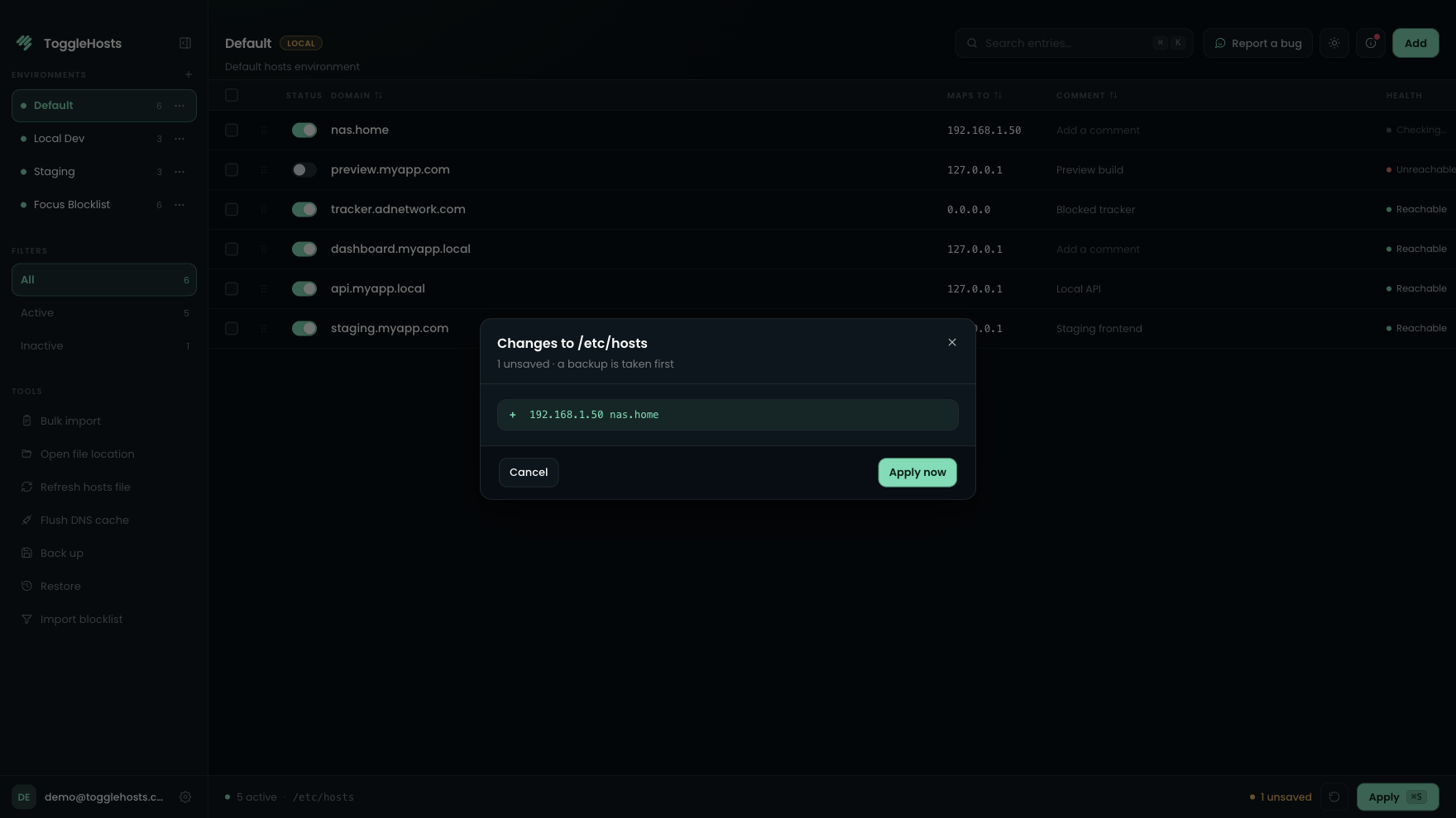 ToggleHosts diff preview: one unsaved line, Cancel and Apply now