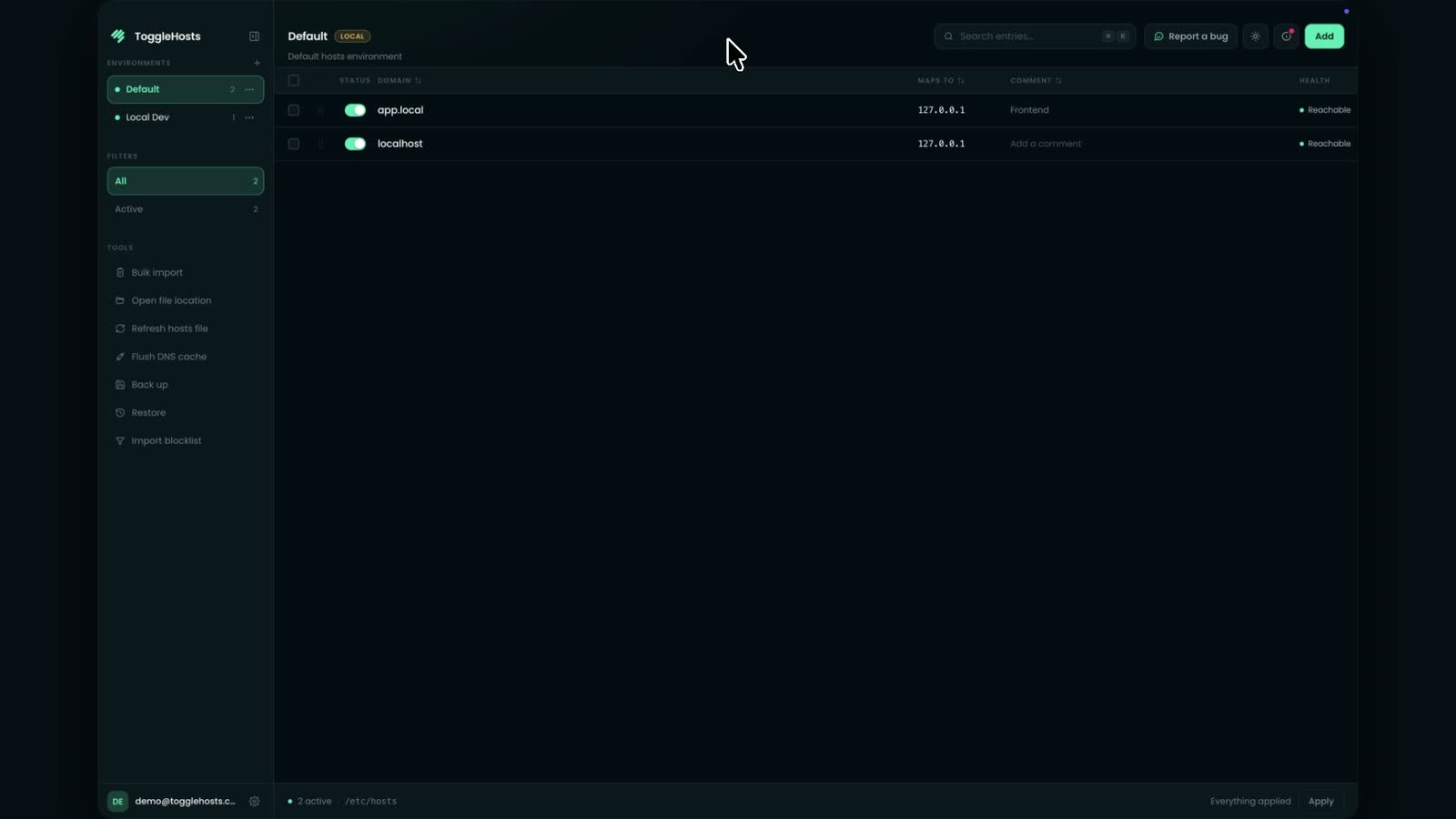The ToggleHosts interface: named environments and hosts file entries